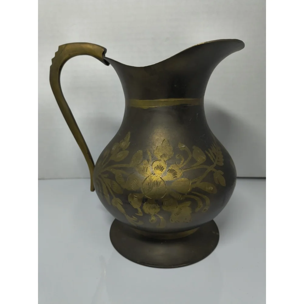 Vintage Two‎ Tone Brass Pitcher Ewer Etched Flower Floral Design Notched Handle